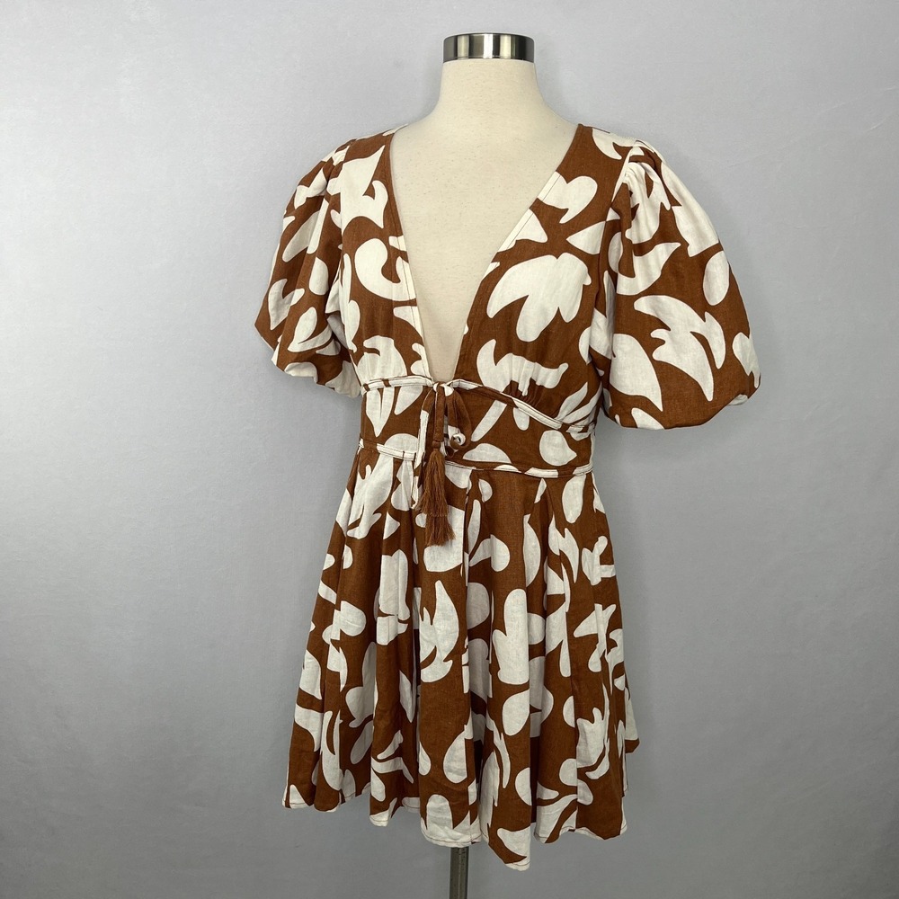House of Harlow 1960 Mini Dress 6 Floral Brown Ivory Vacation Party Puff Sleeve - Picture 7 of 15